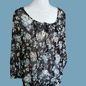 Premise Black Floral Pintuck Chiffon Blouse